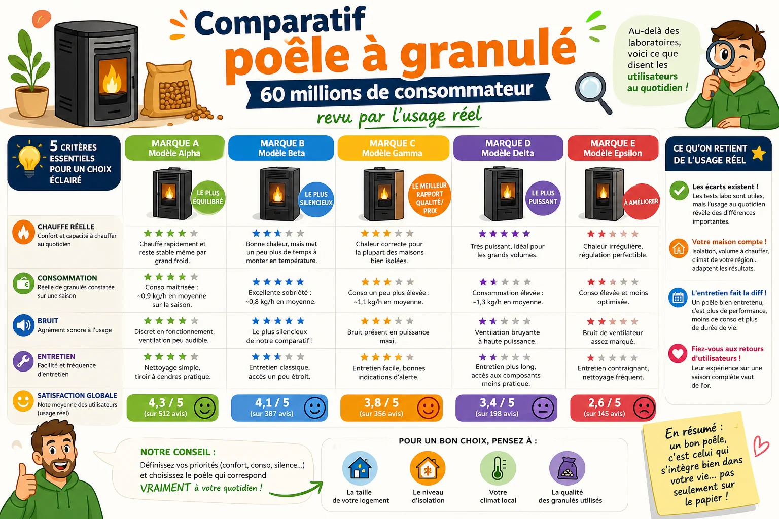 Infographie — Comparatif poêle à granulé 60 millions de consommateur revu par l’usage réel