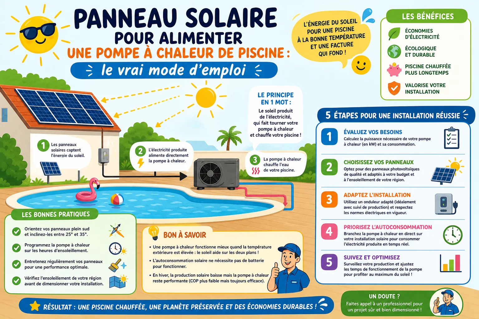 Infographie — Panneau solaire pour alimenter une pompe à chaleur de piscine : le vrai mode d'emploi