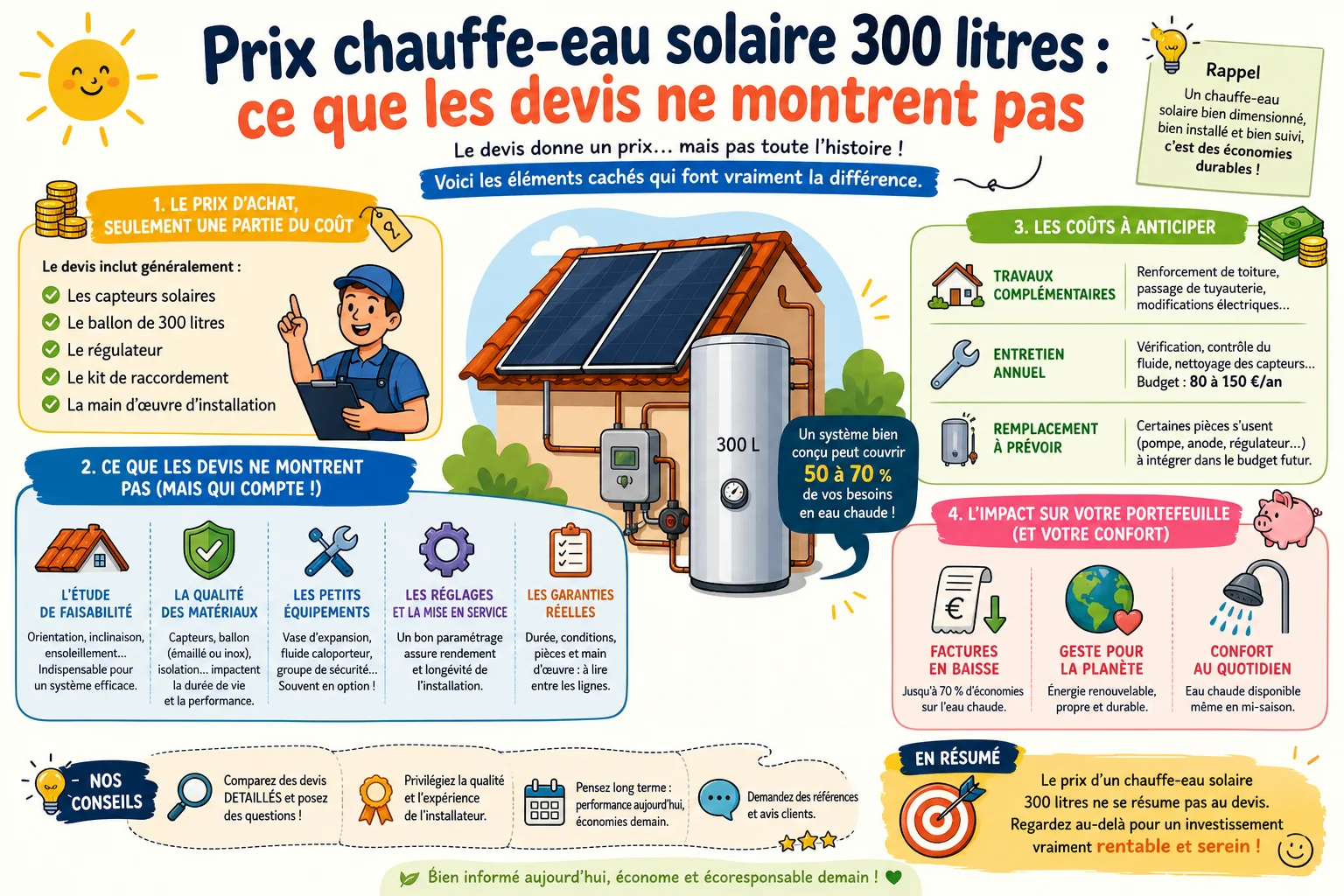 Infographie — Prix chauffe-eau solaire 300 litres : ce que les devis ne montrent pas