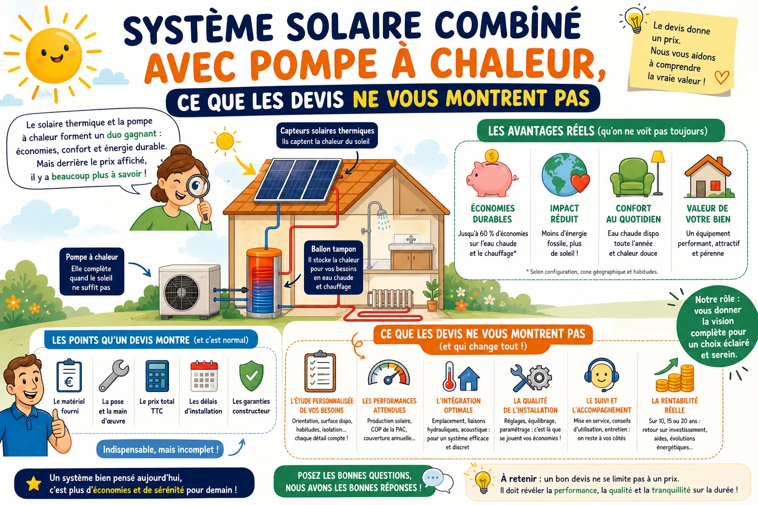 Infographie — Système solaire combiné avec pompe à chaleur, ce que les devis ne vous montrent pas